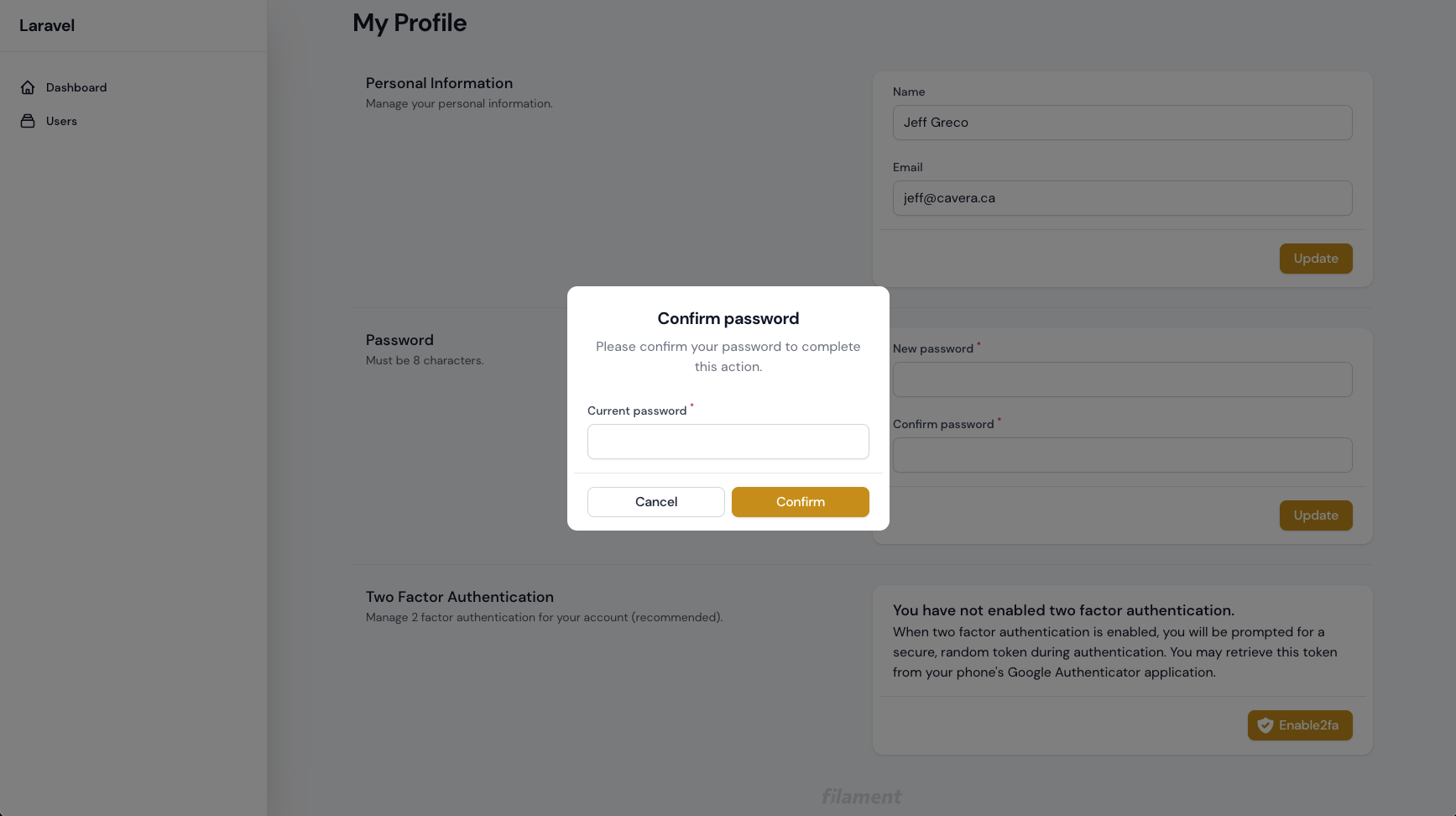 Screenshot of Password confirmation action