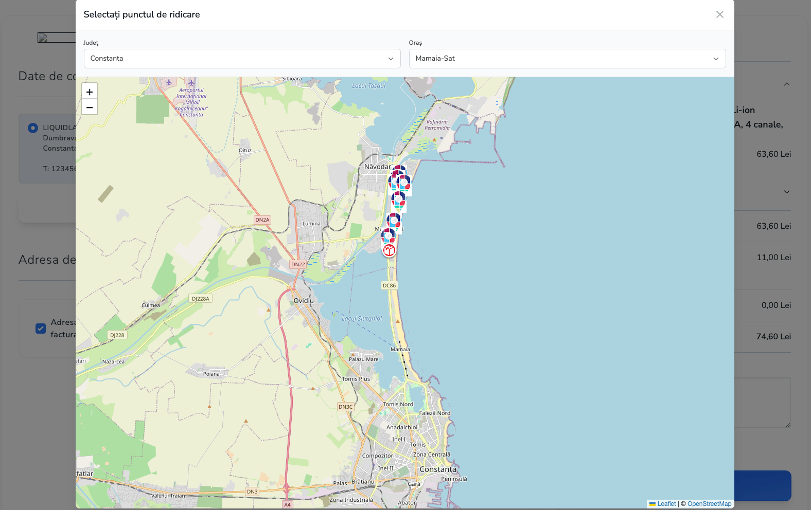 PUDO picker modal with map, county/city filters and markers