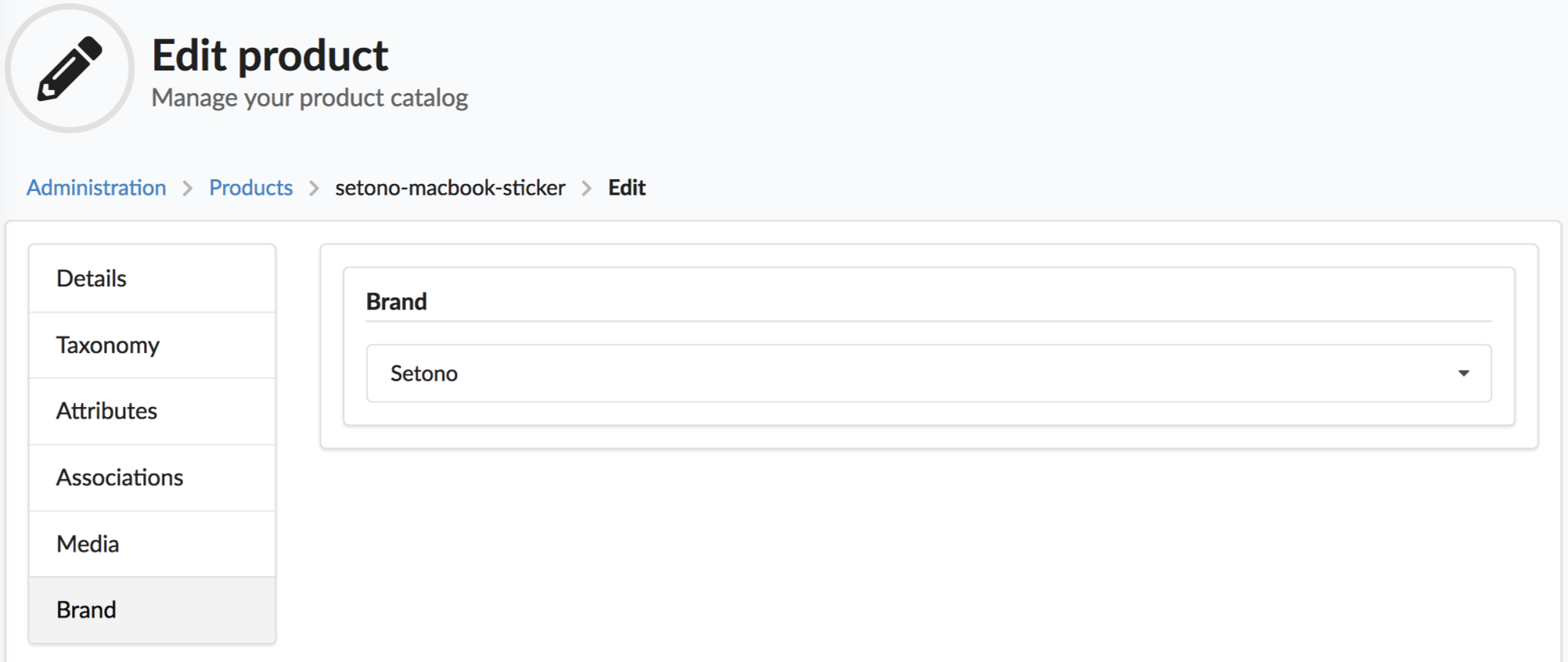 Screenshot showing brand tab at product admin update page
