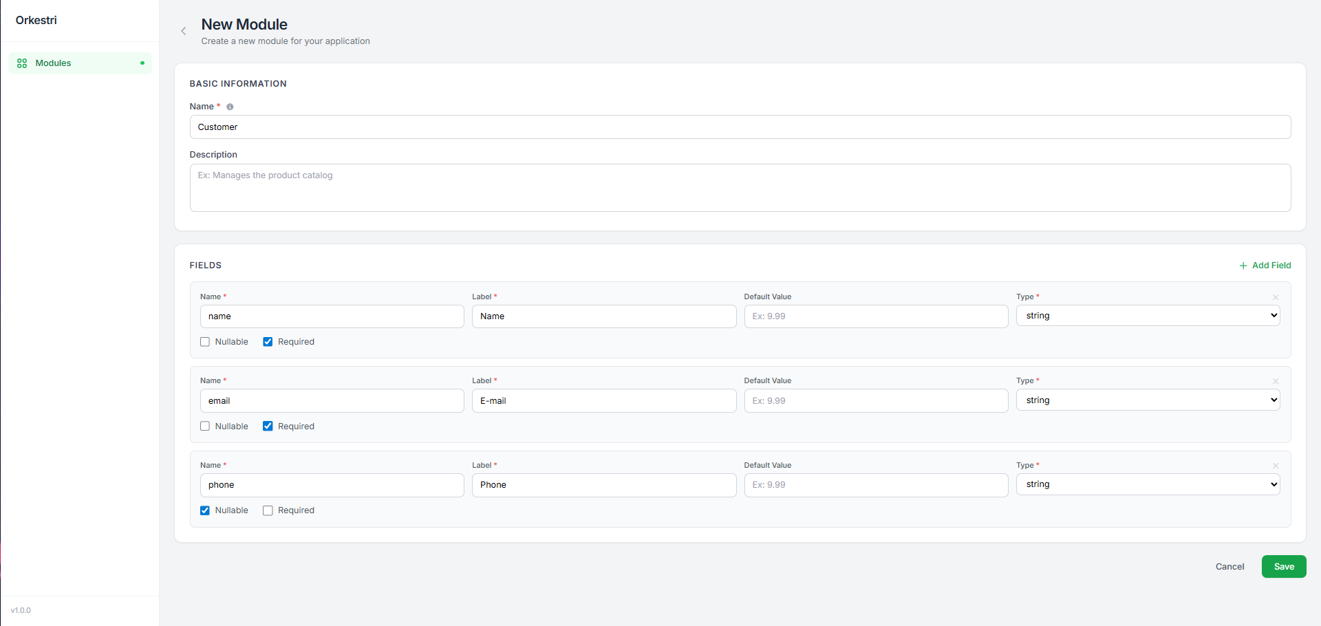 Module creation form with fields