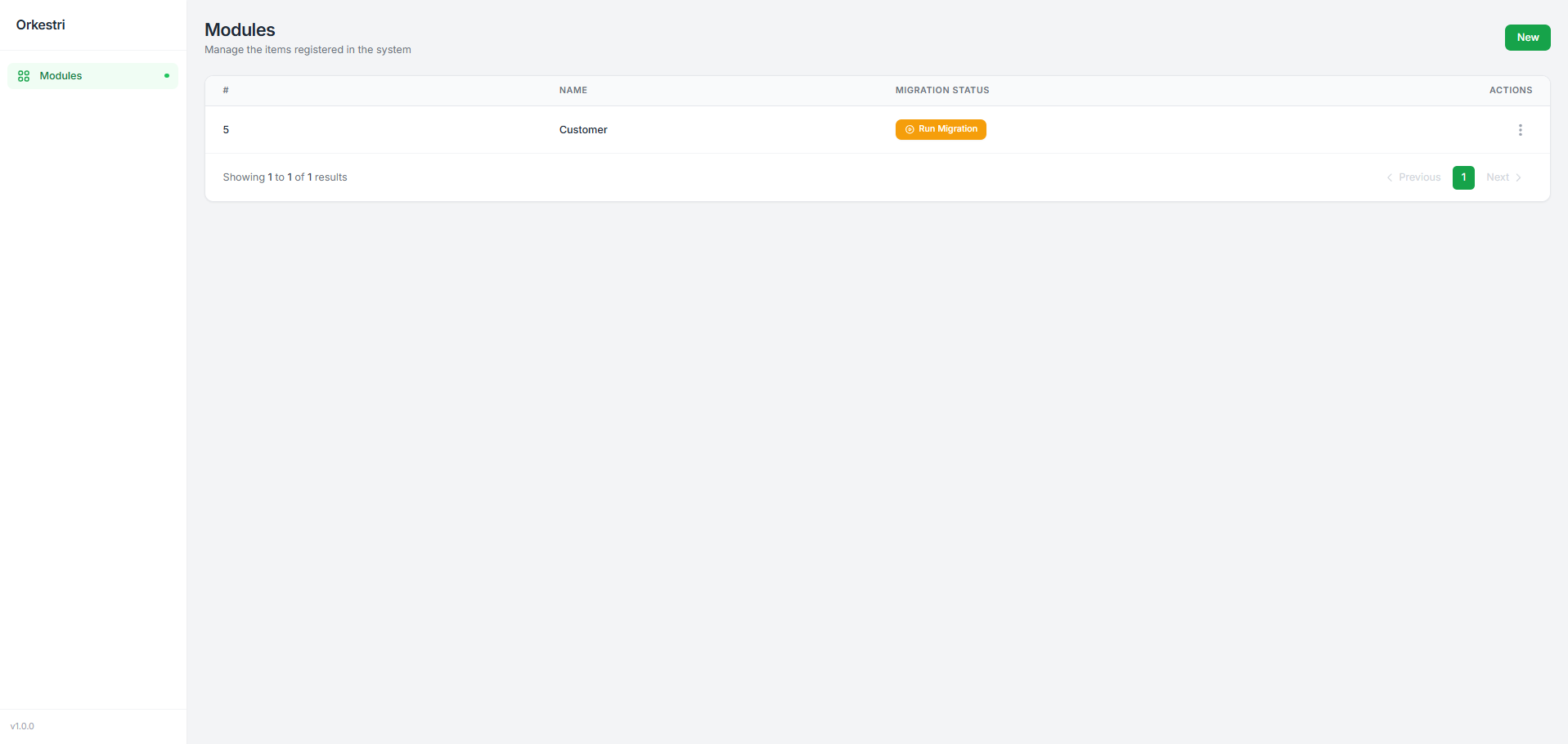 Module list with migrate button