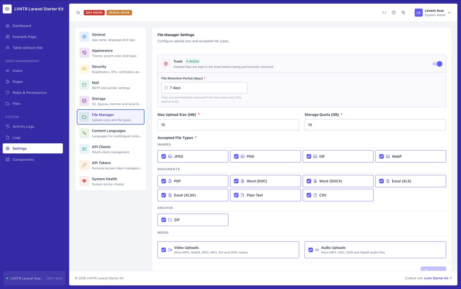File manager settings