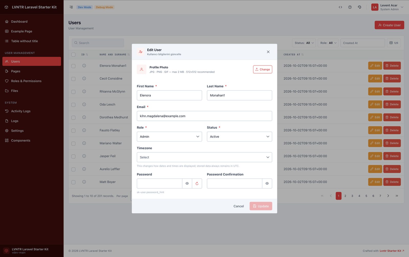 Edit user dialog