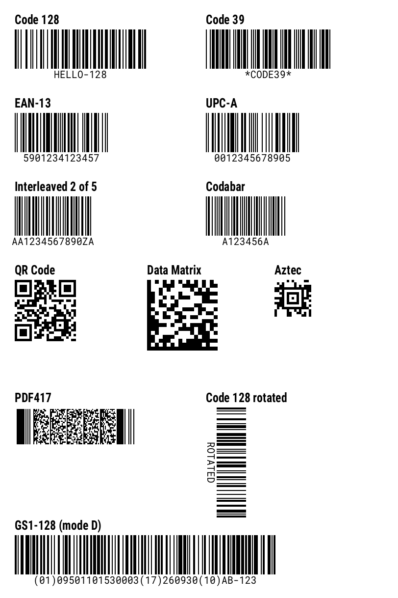 Every barcode type rendered to PNG