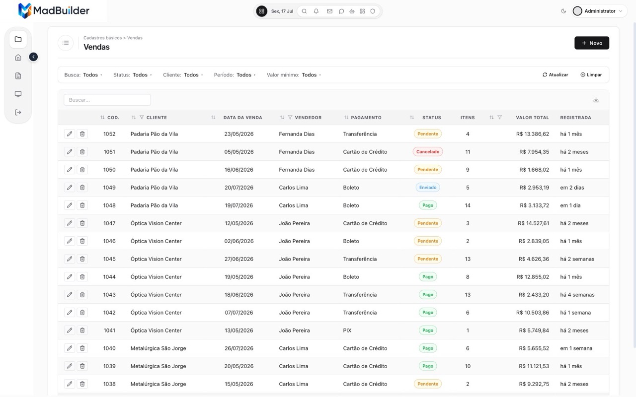 Sales listing with filters, status badges and money columns