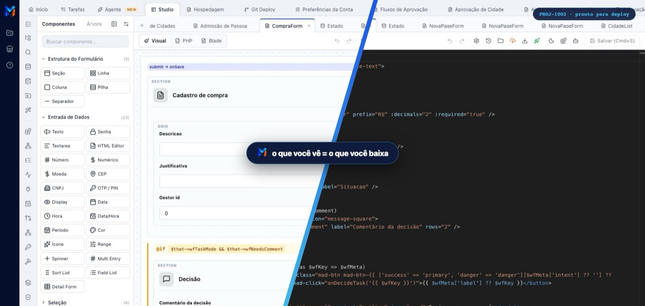 MadBuilder Studio: visual editor side by side with the Blade code it writes