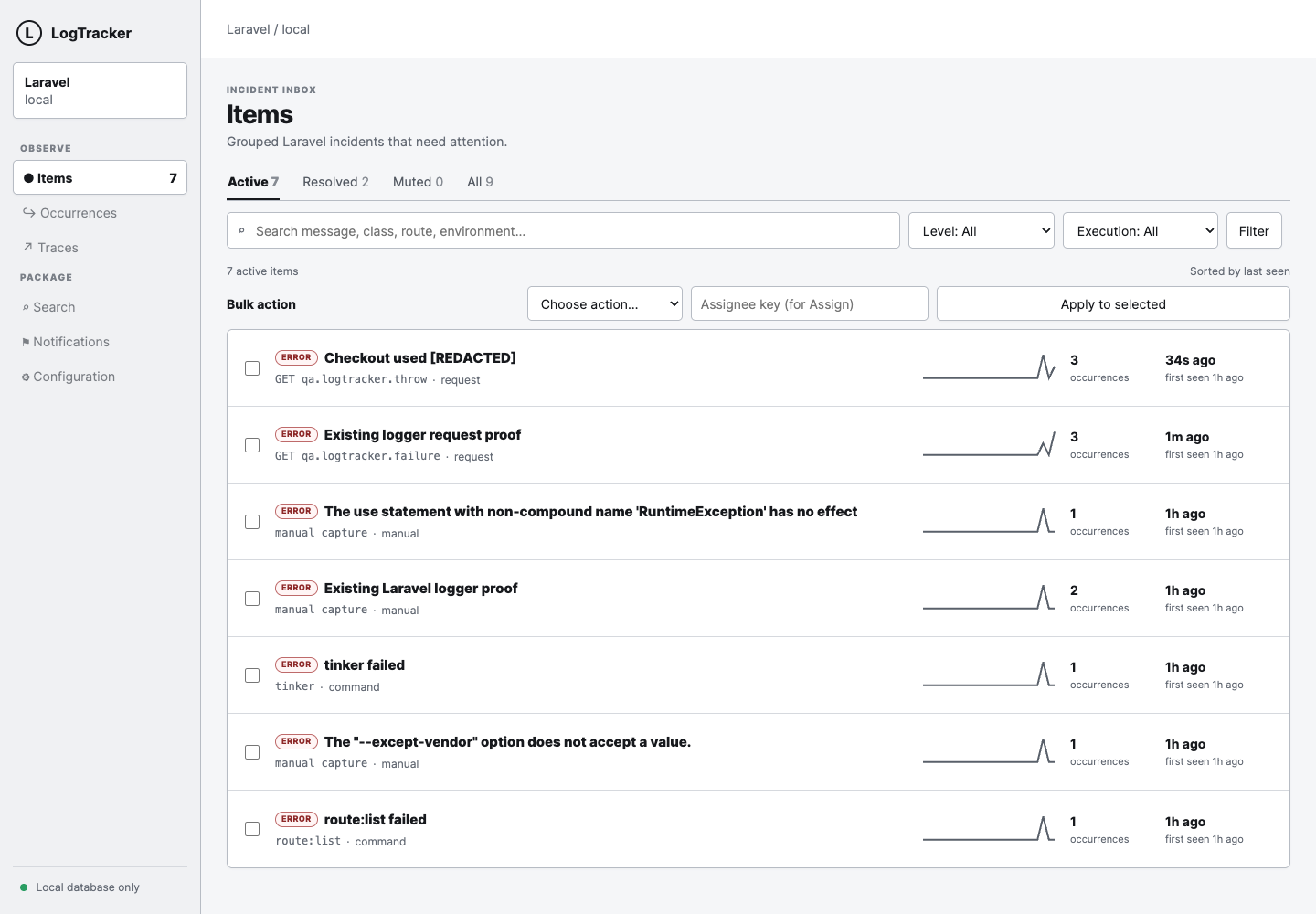 LogTracker Items inbox