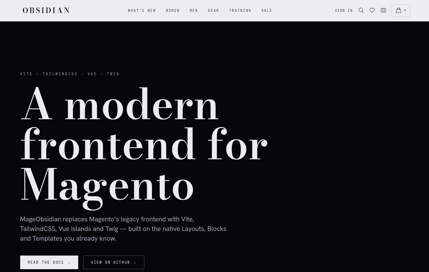 MageObsidian storefront — a modern frontend for Magento