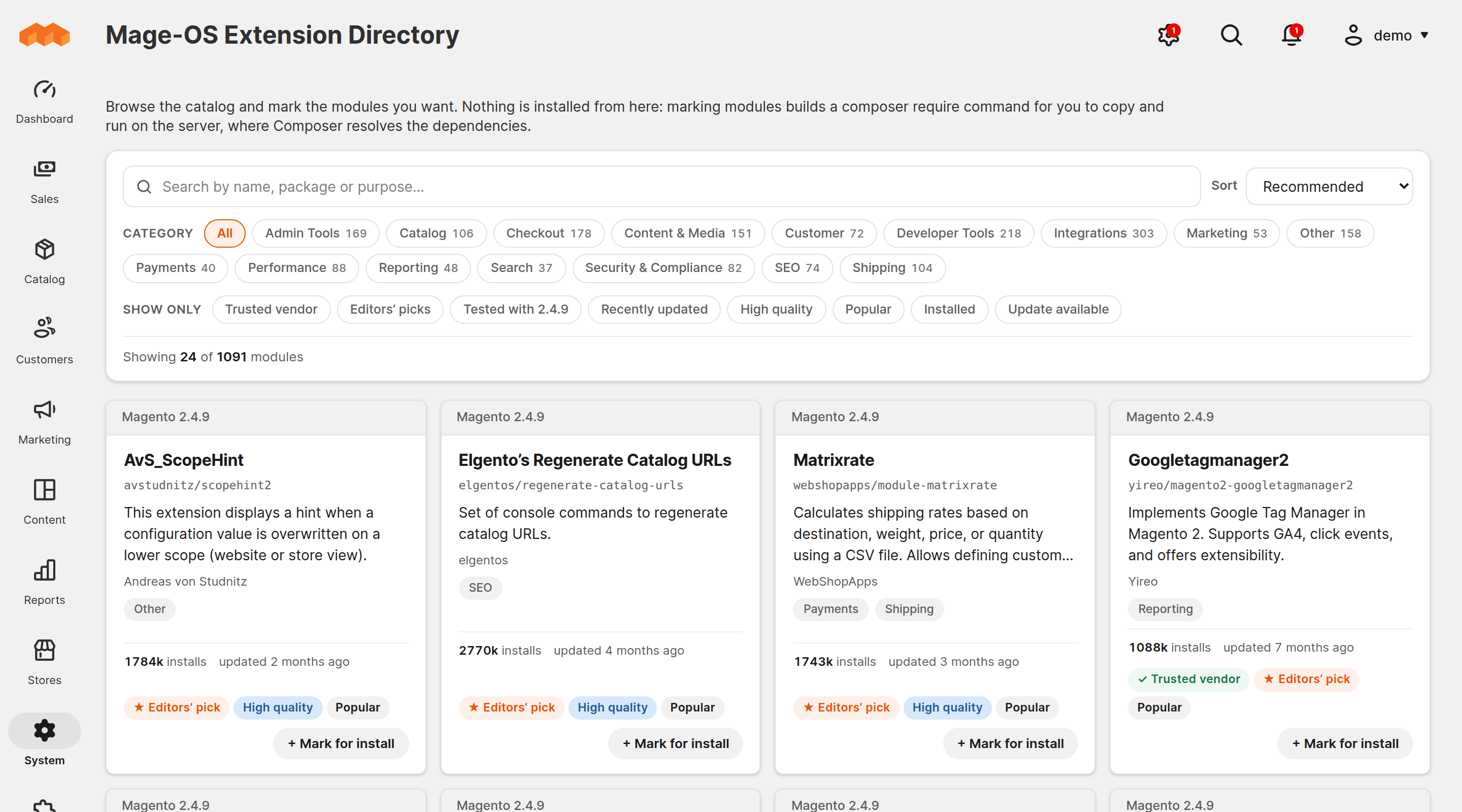The Mage-OS Extension Directory in the Magento admin: search, filter chips and a page of package cards, with installed and version-fit badges