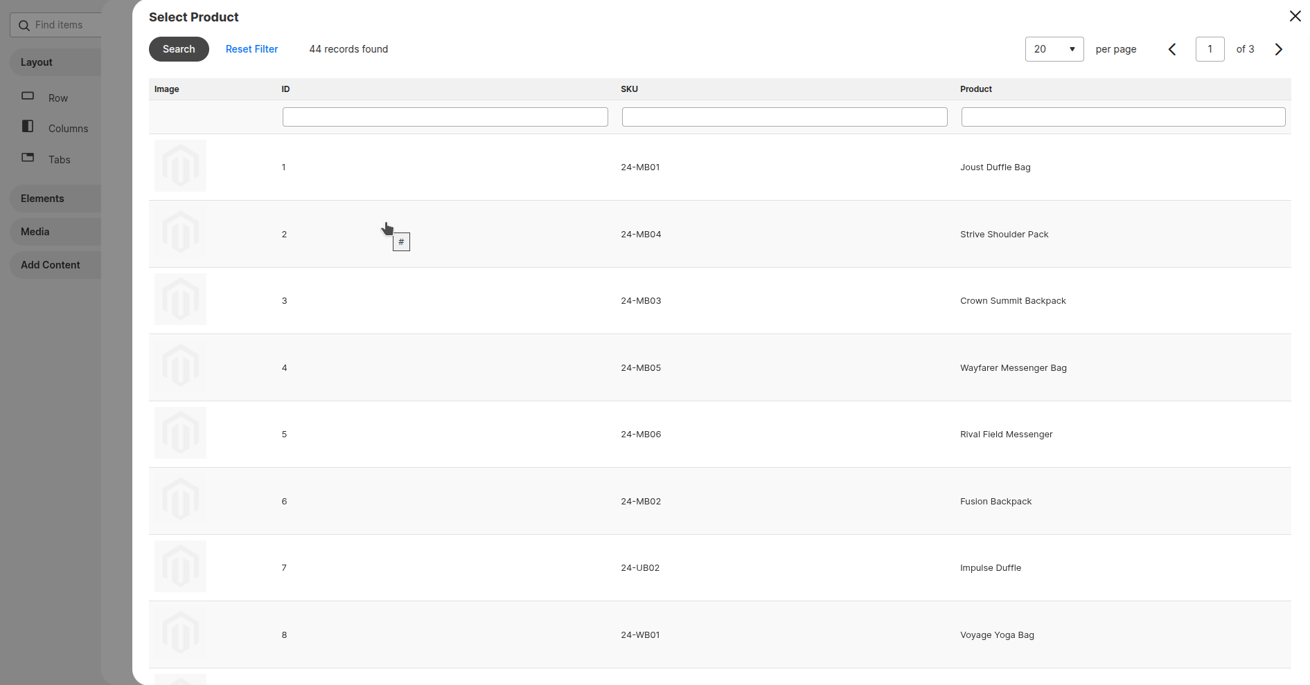 product field selection