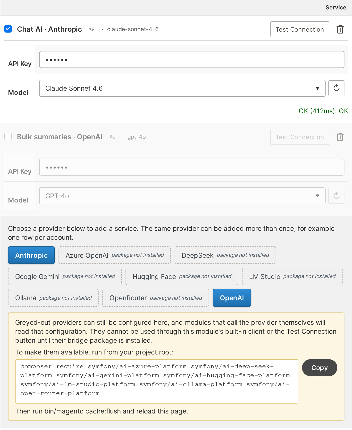 The AI Configuration section: two configured services, one named Chat AI on Anthropic and enabled, one named Bulk summaries on OpenAI and switched off, each with its own Test Connection and model refresh, above the provider buttons and the install hint for providers whose bridge package is missing