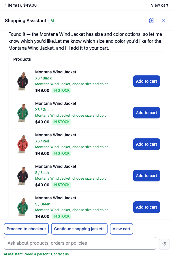 Sizes and colours before an add