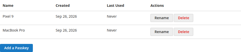 Passkeys table listing two passkeys with Rename and Delete actions and an Add a Passkey button