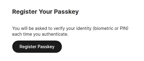Admin two-factor setup screen with a Register Passkey button