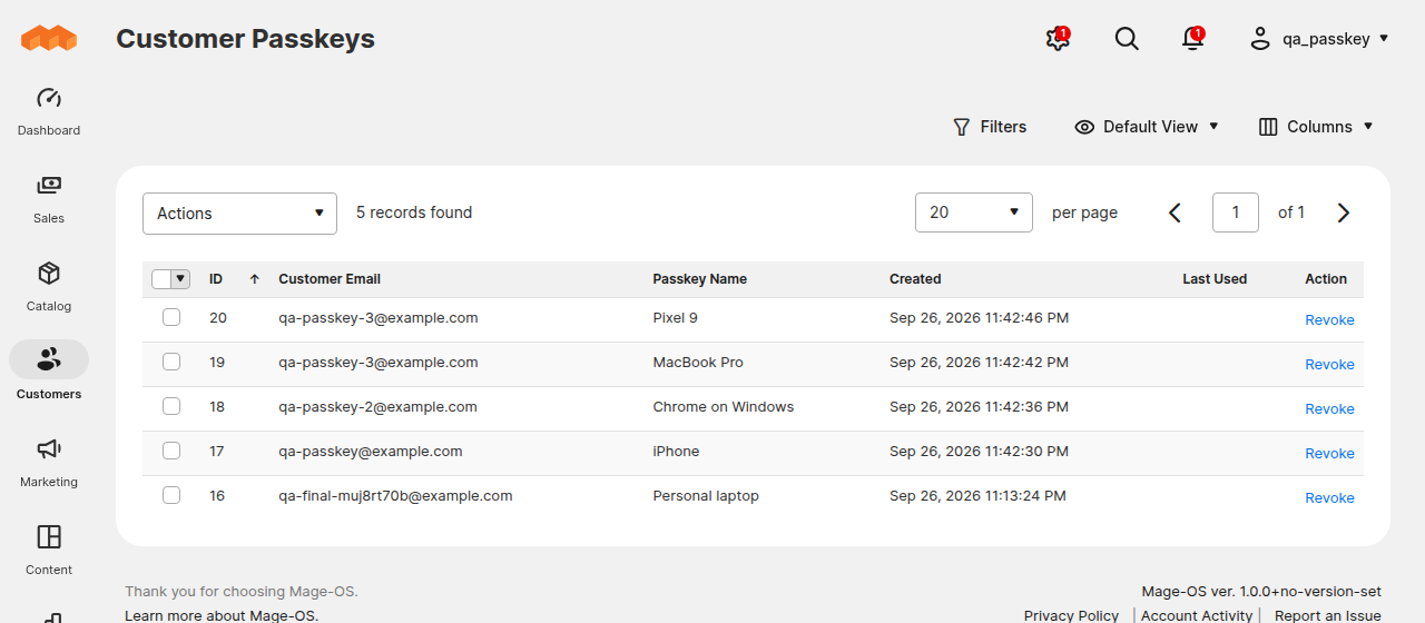 Customer Passkeys admin grid listing passkeys by customer email with Revoke actions