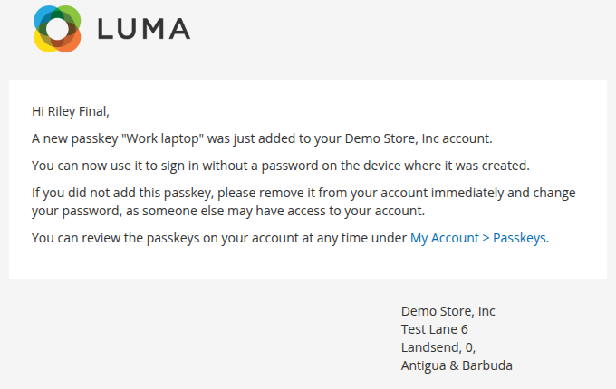 Email telling the customer that a passkey named "Work laptop" was added to their account