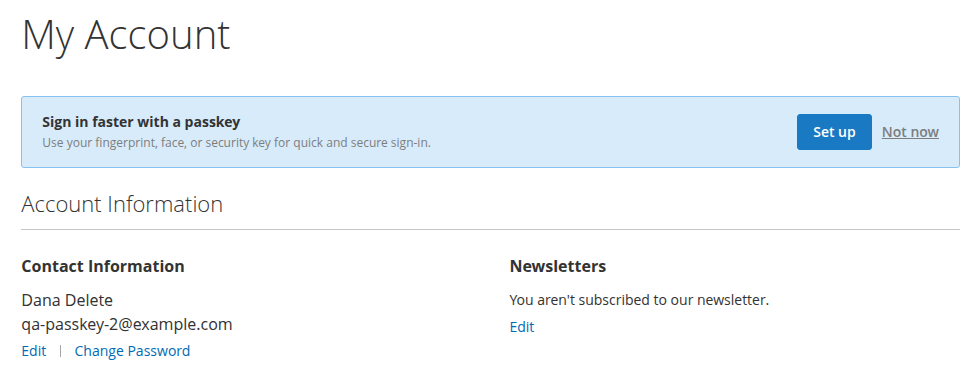 Account dashboard with a "Sign in faster with a passkey" banner offering Set up and Not now