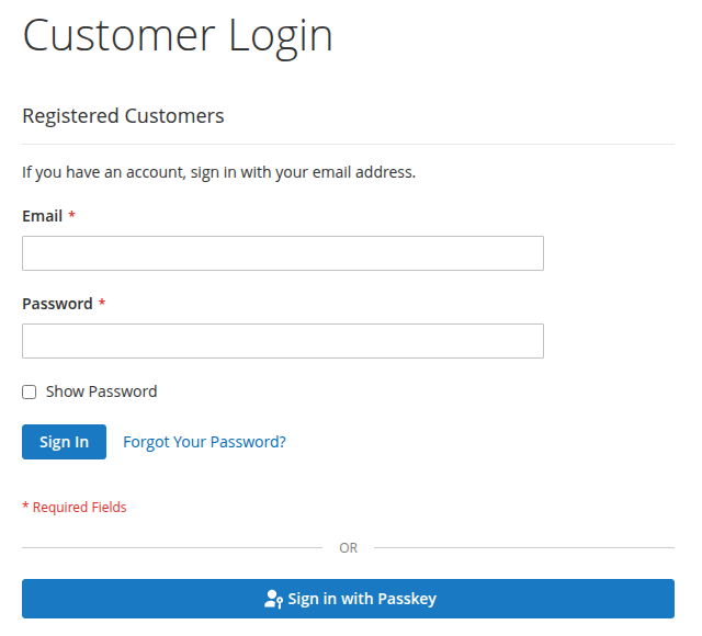 Customer login page with a "Sign in with Passkey" button below the password form