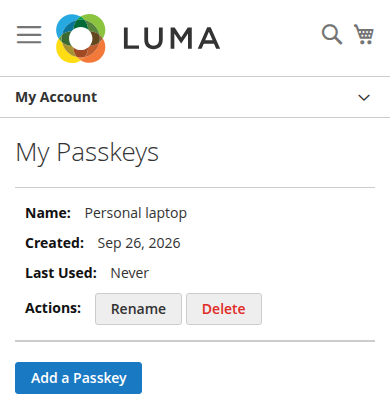 Passkeys page at phone width with the table stacked into labelled rows