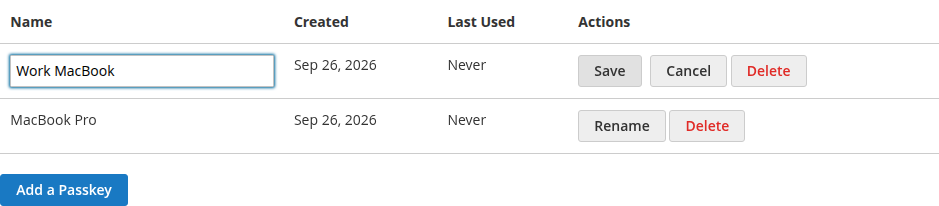 A passkey being renamed inline, with Save and Cancel buttons