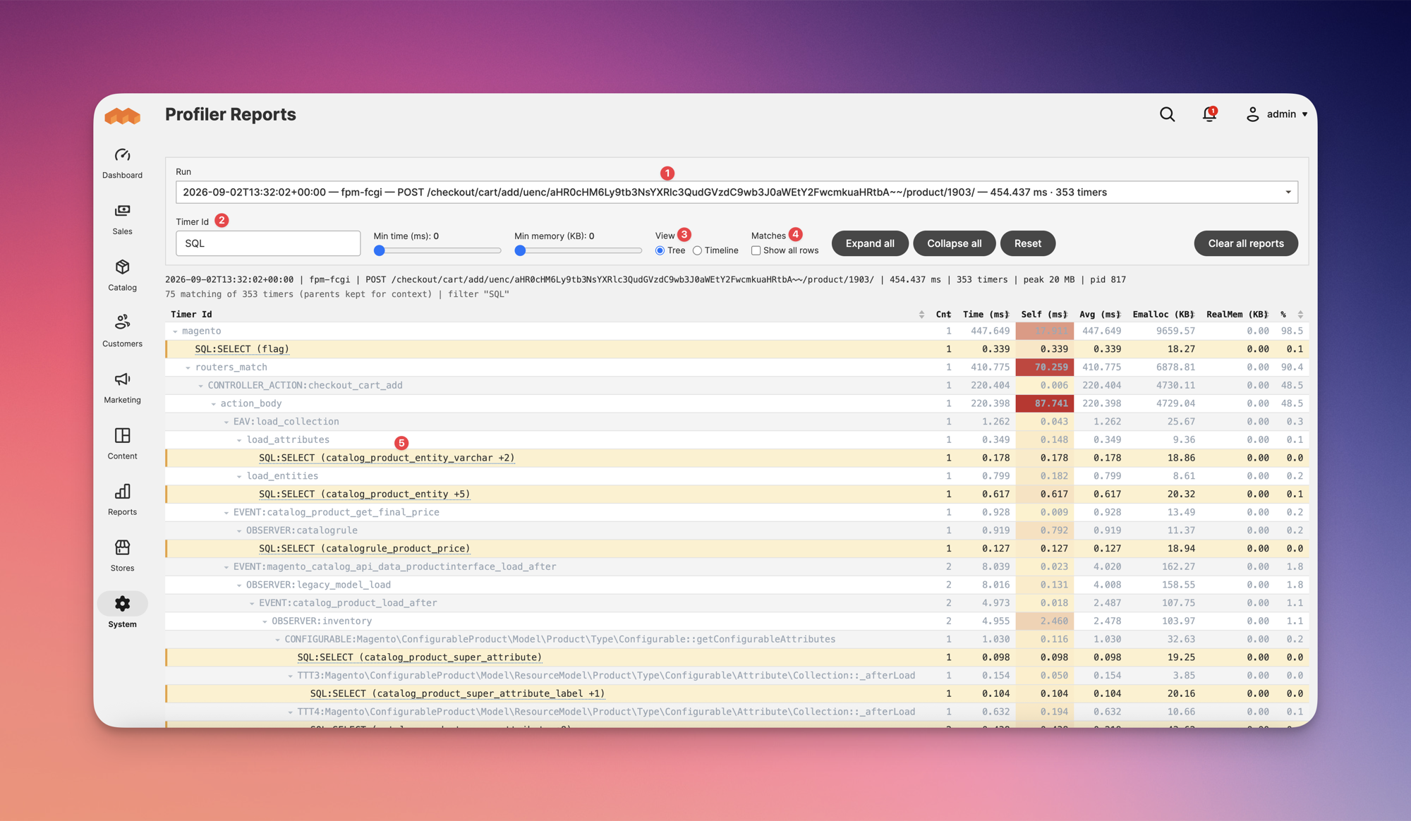The admin viewer: run picker, filters, and the call tree with the Self column heat-shaded