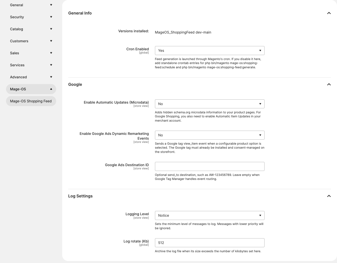 Mage-OS Shopping Feed configuration section