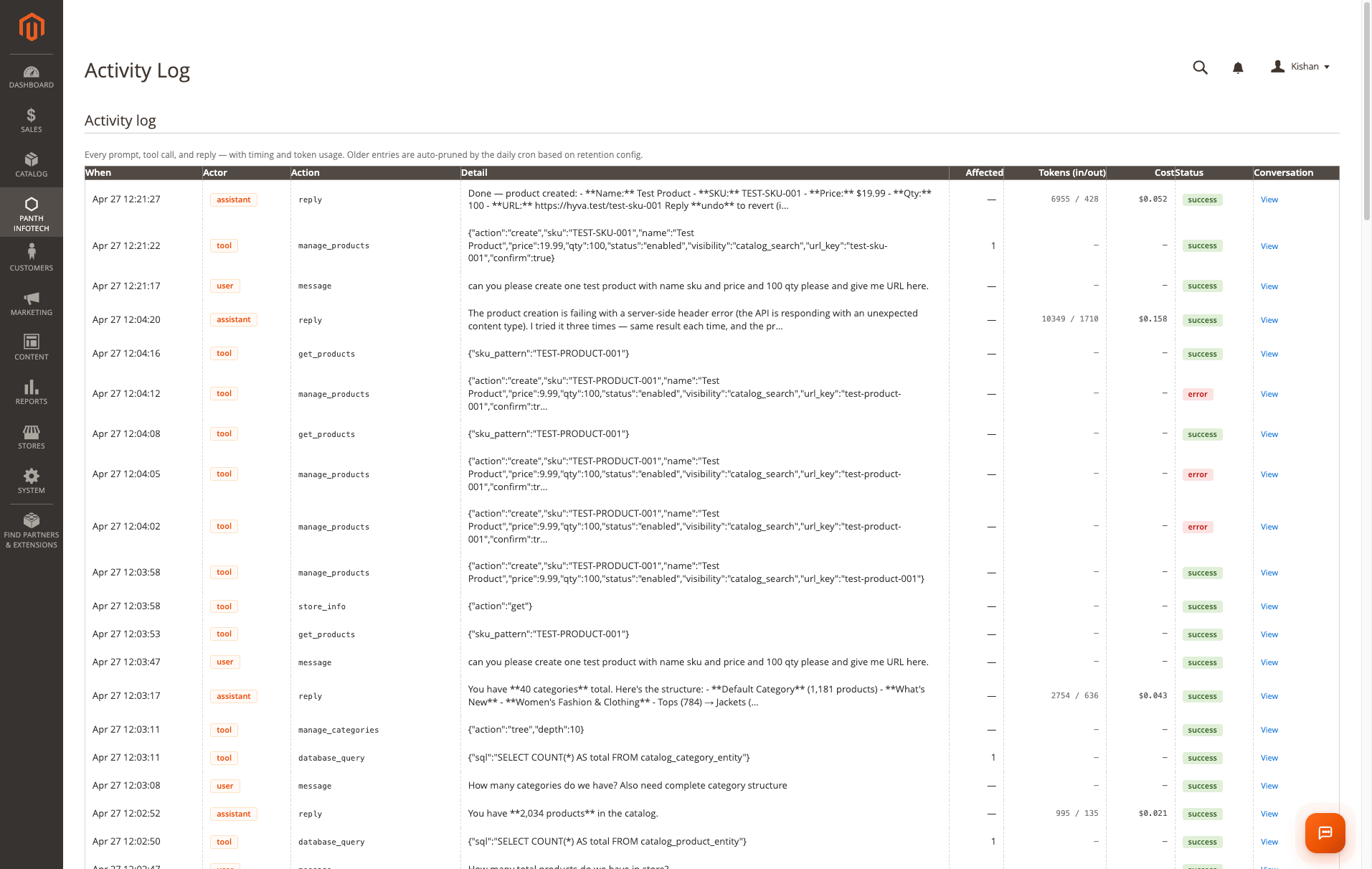 Activity Log with token accounting
