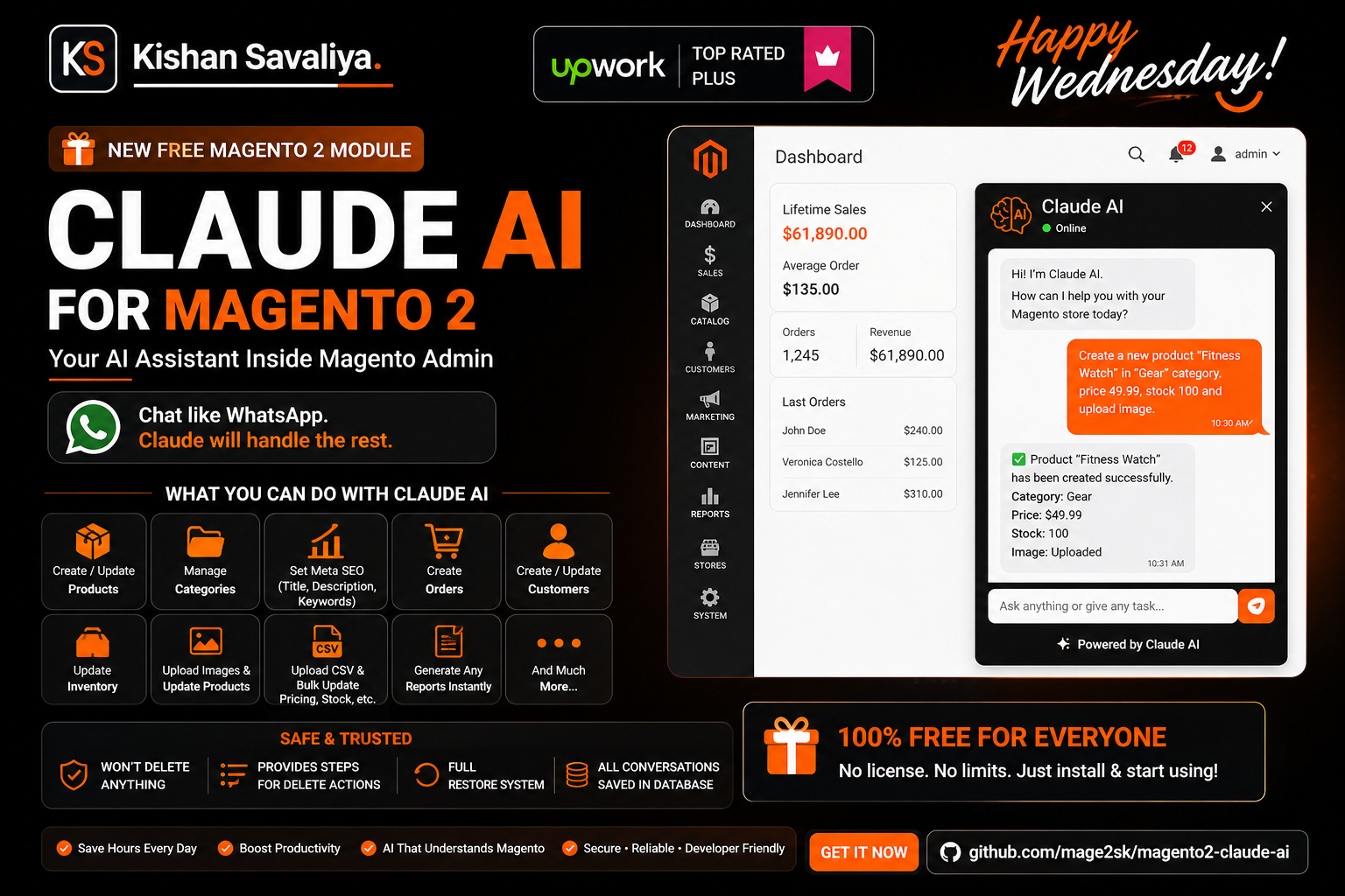 Magento 2 Claude AI integration for automation — natural-language admin assistant that manages products, orders, customers, CMS, configuration and inventory with one-click undo