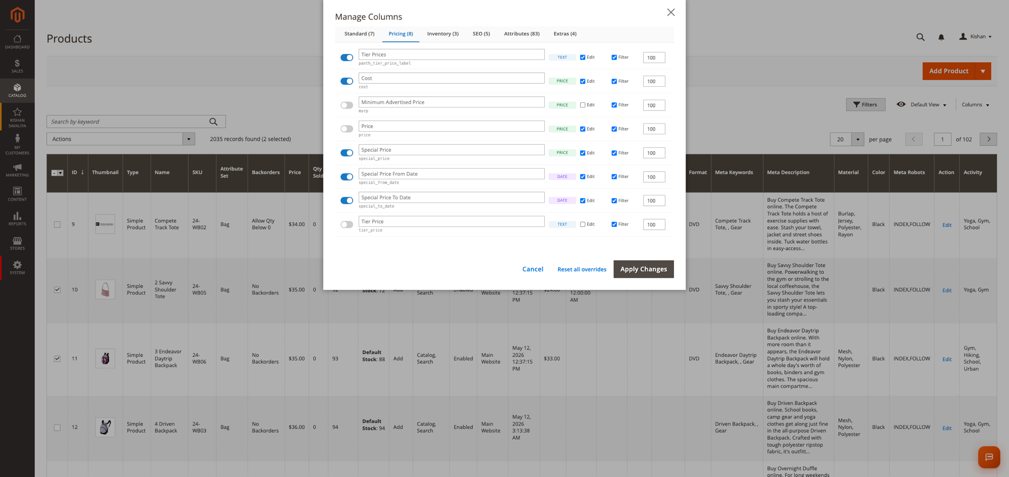 Pricing columns