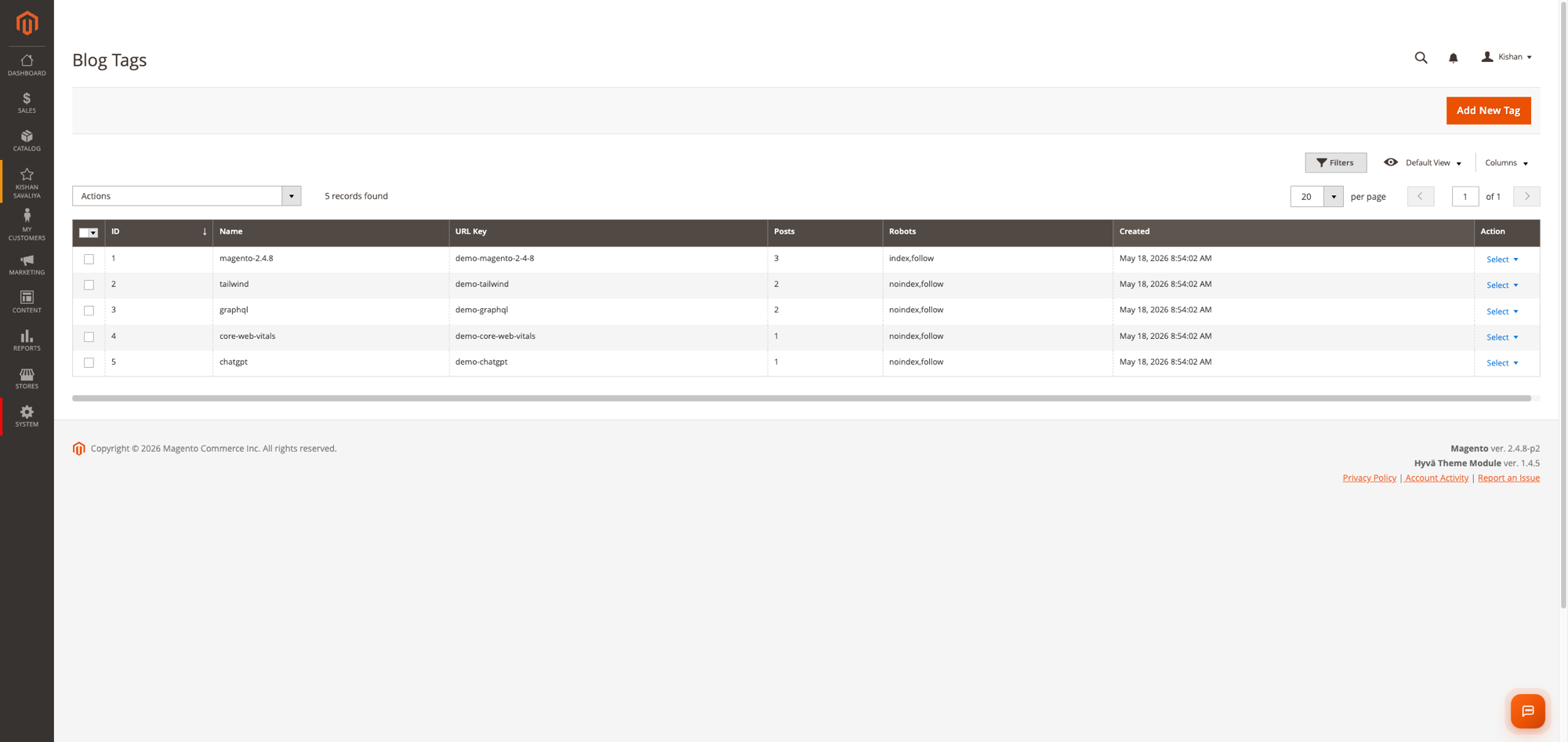 Admin grid of 5 blog tags with name, URL key, posts, robots directive, and created columns