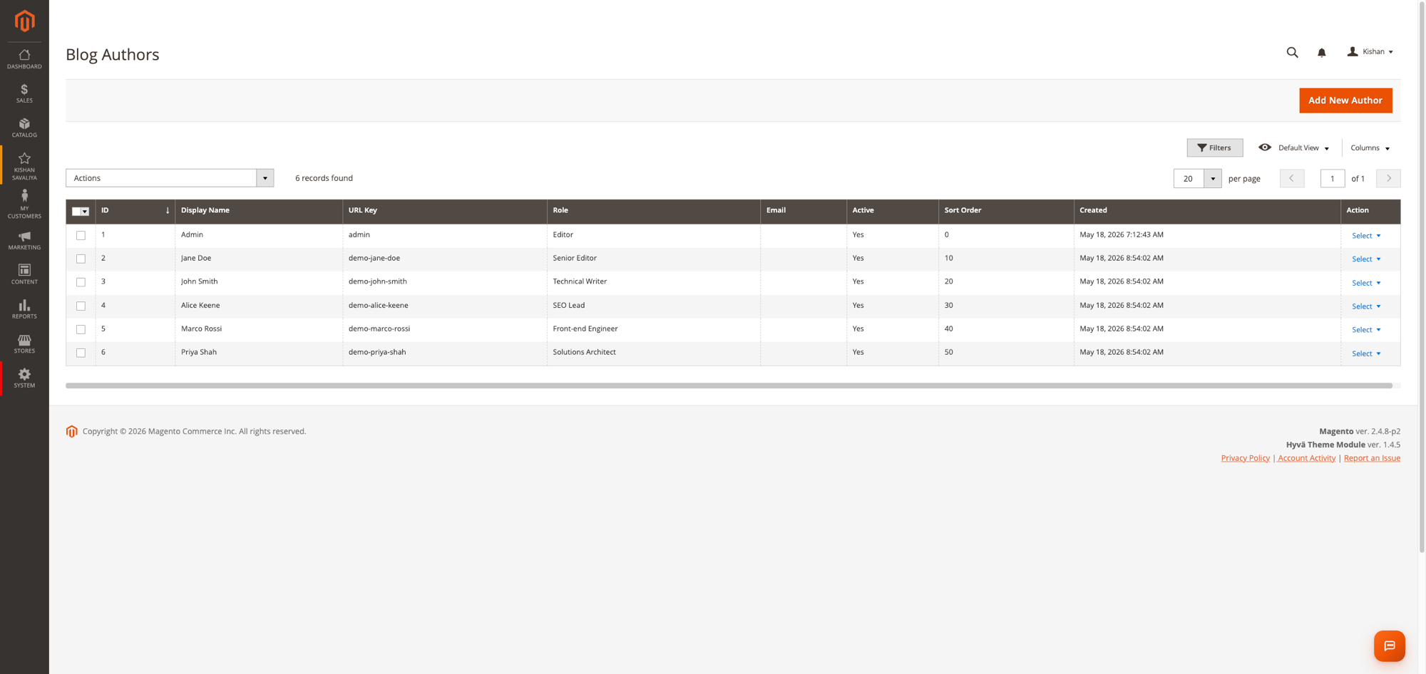 Admin grid of 6 blog authors with display name, URL key, role, email, active, sort order