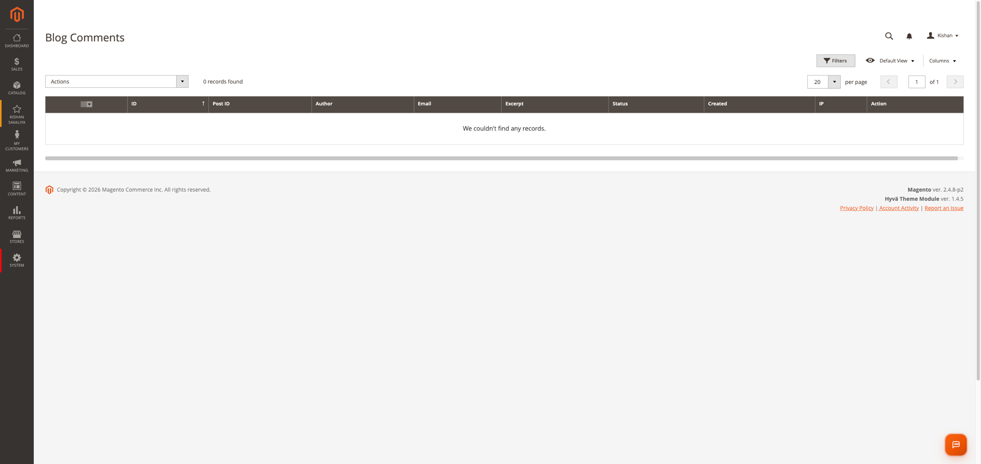 Admin moderation grid for blog comments with author, email, post ID, excerpt, status, IP columns