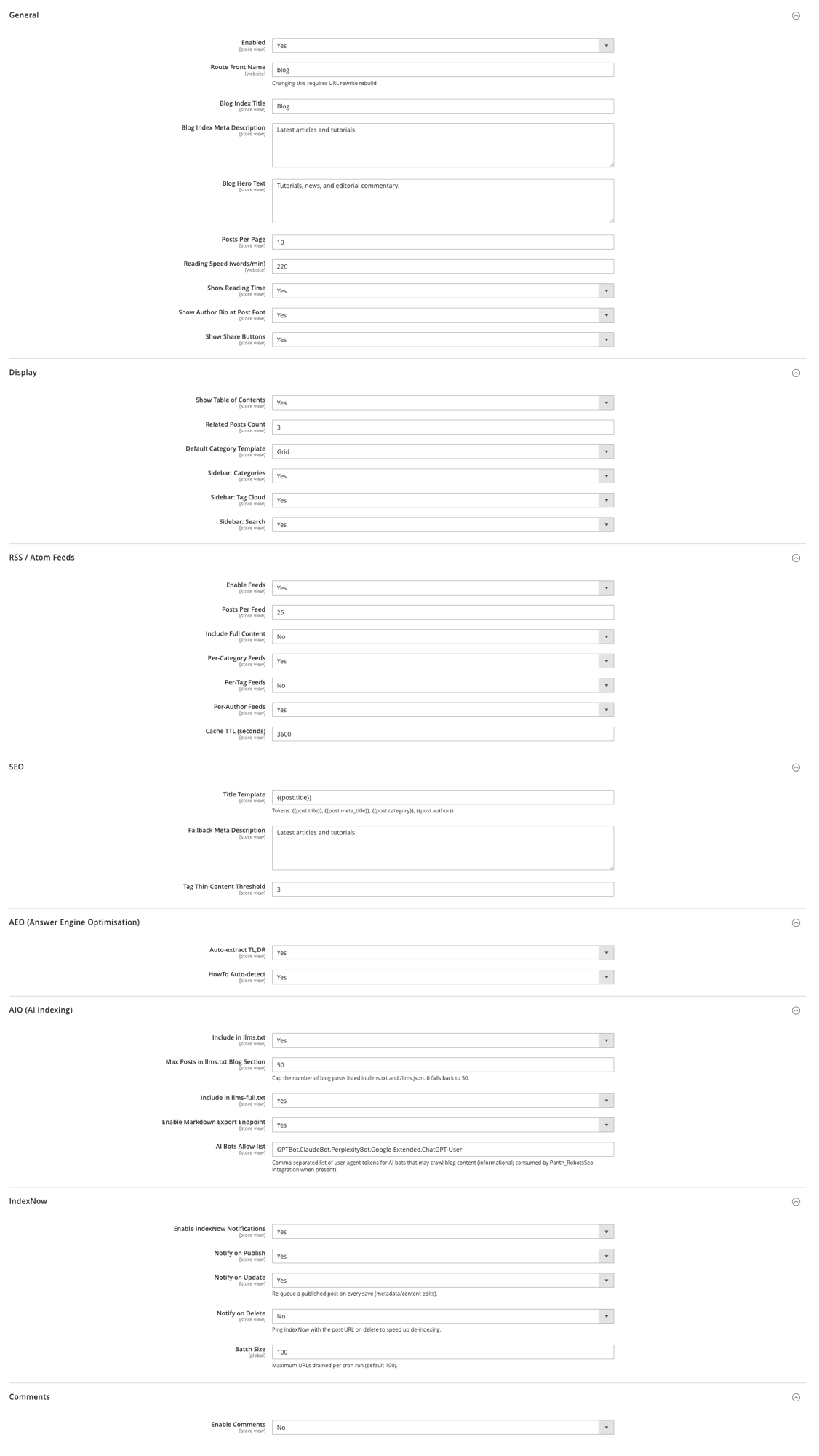 Store Configuration panel with all 8 Panth Blog setting groups expanded