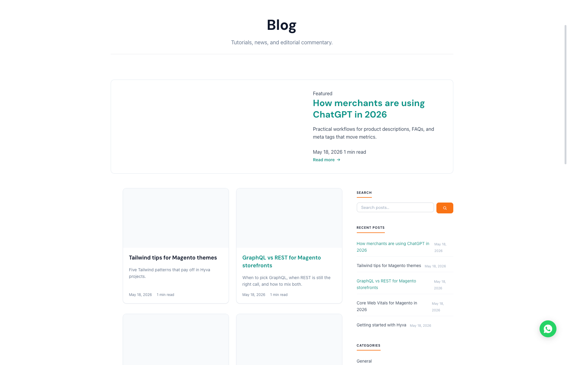 Blog index page with hero header, featured post block, two-column post grid, and right sidebar with search, recent posts, categories