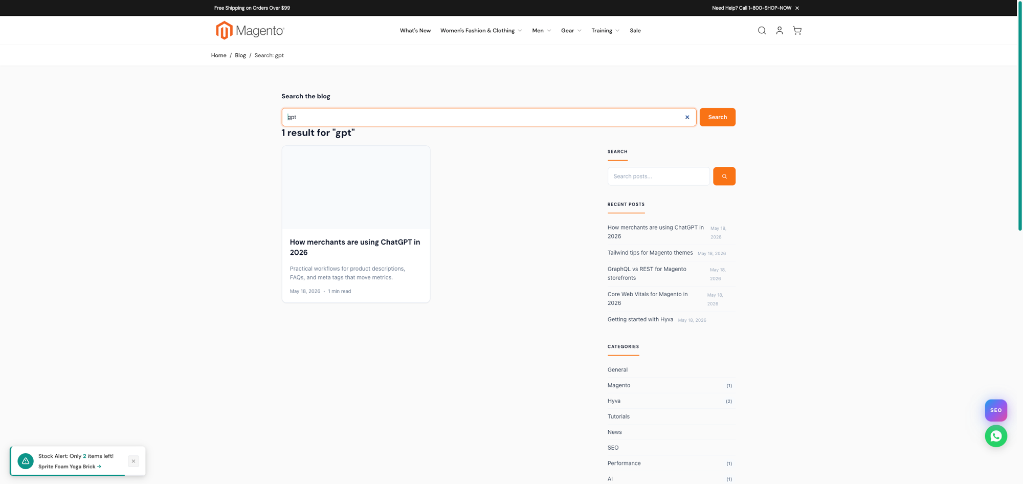 Blog search results page with prominent search input and result count for the query gpt