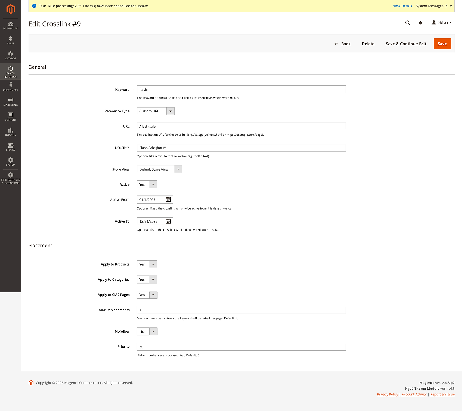 Admin edit form — scheduled rule