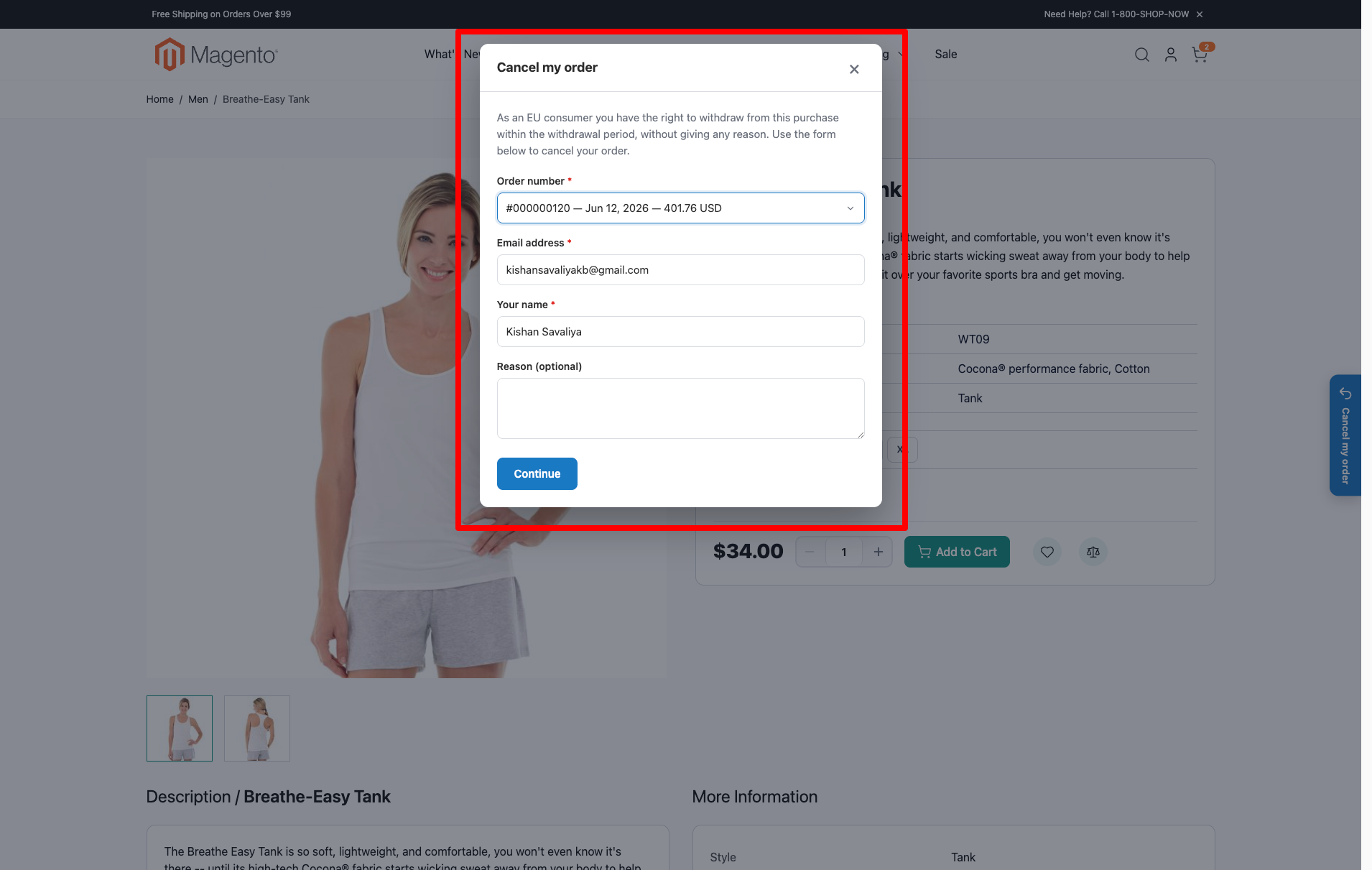 Withdrawal modal with order dropdown