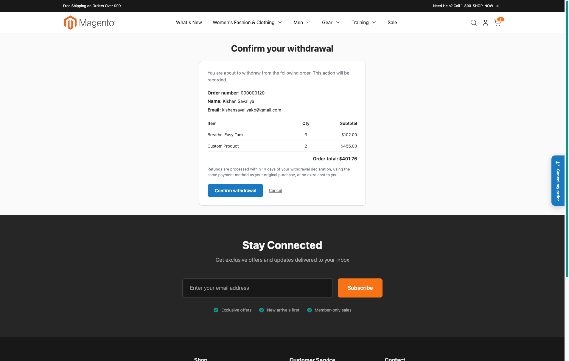 Confirm withdrawal page