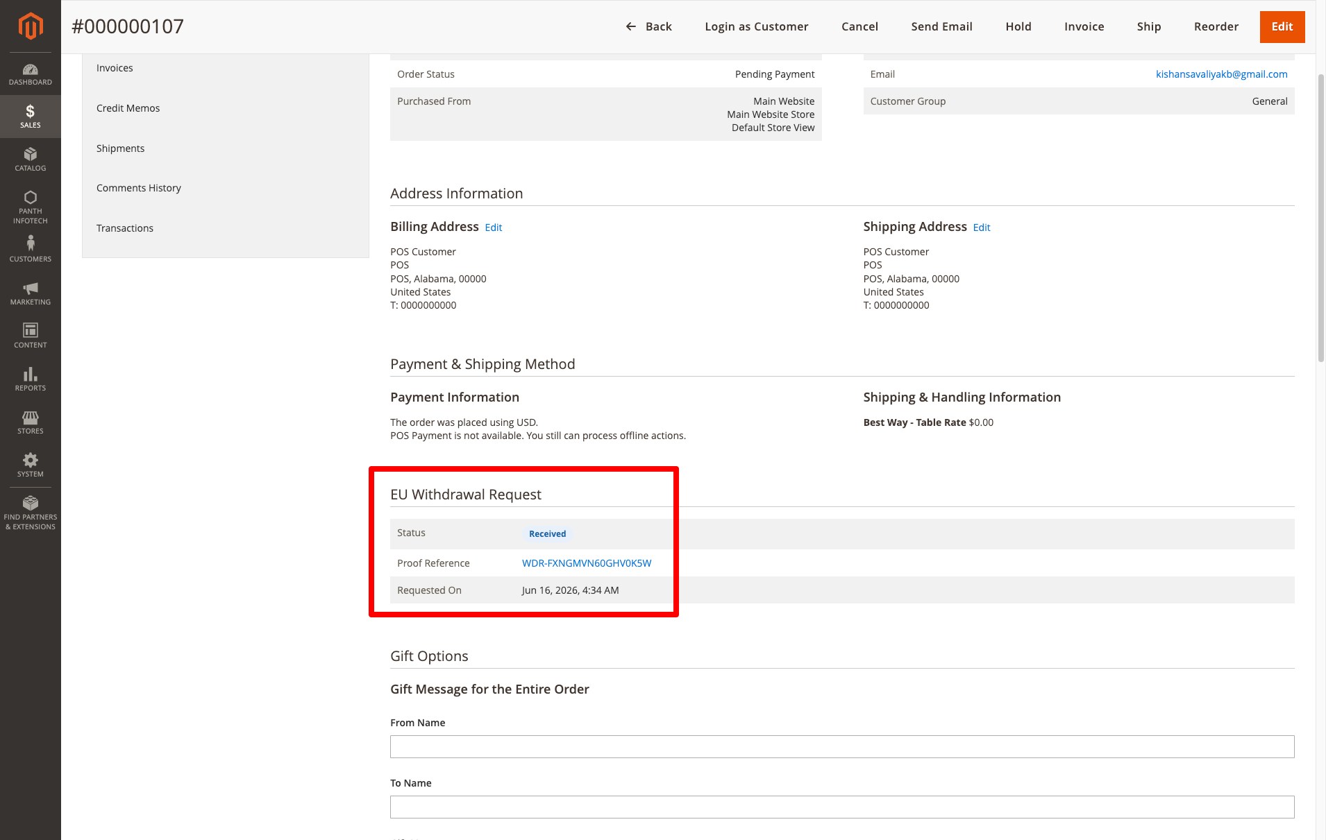 Admin order view withdrawal panel