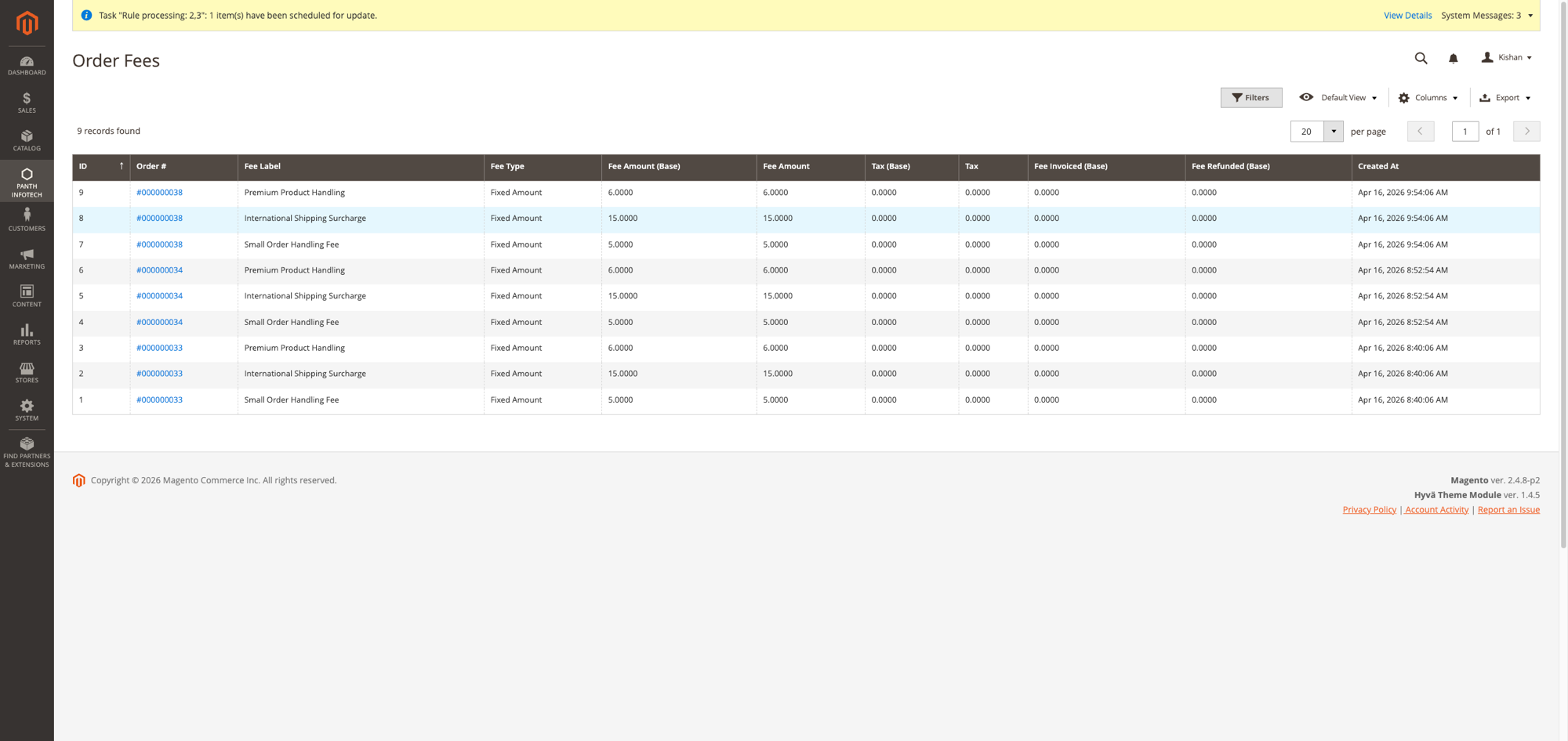 Order Fees Grid