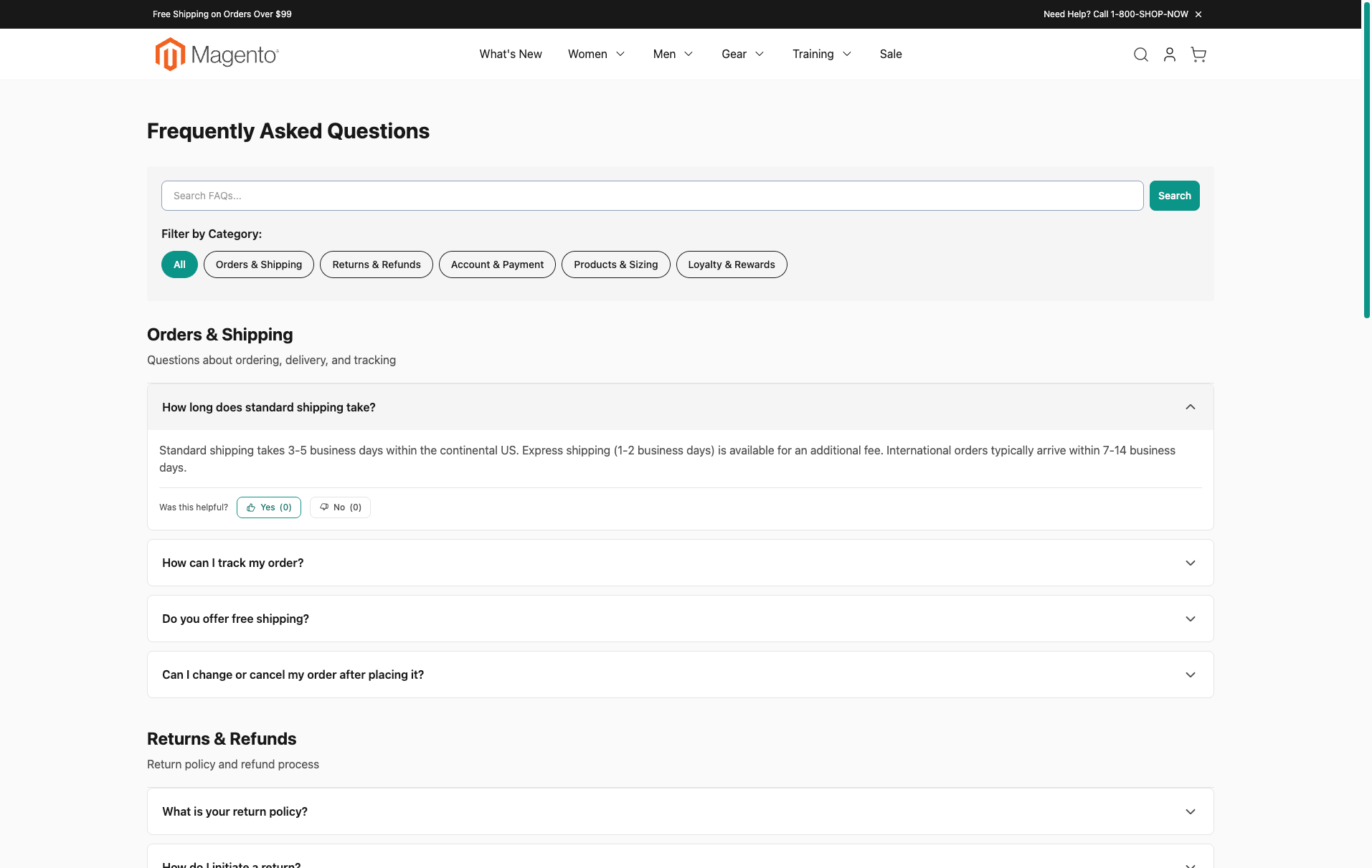 FAQ page with category filter, search bar and accordion answer