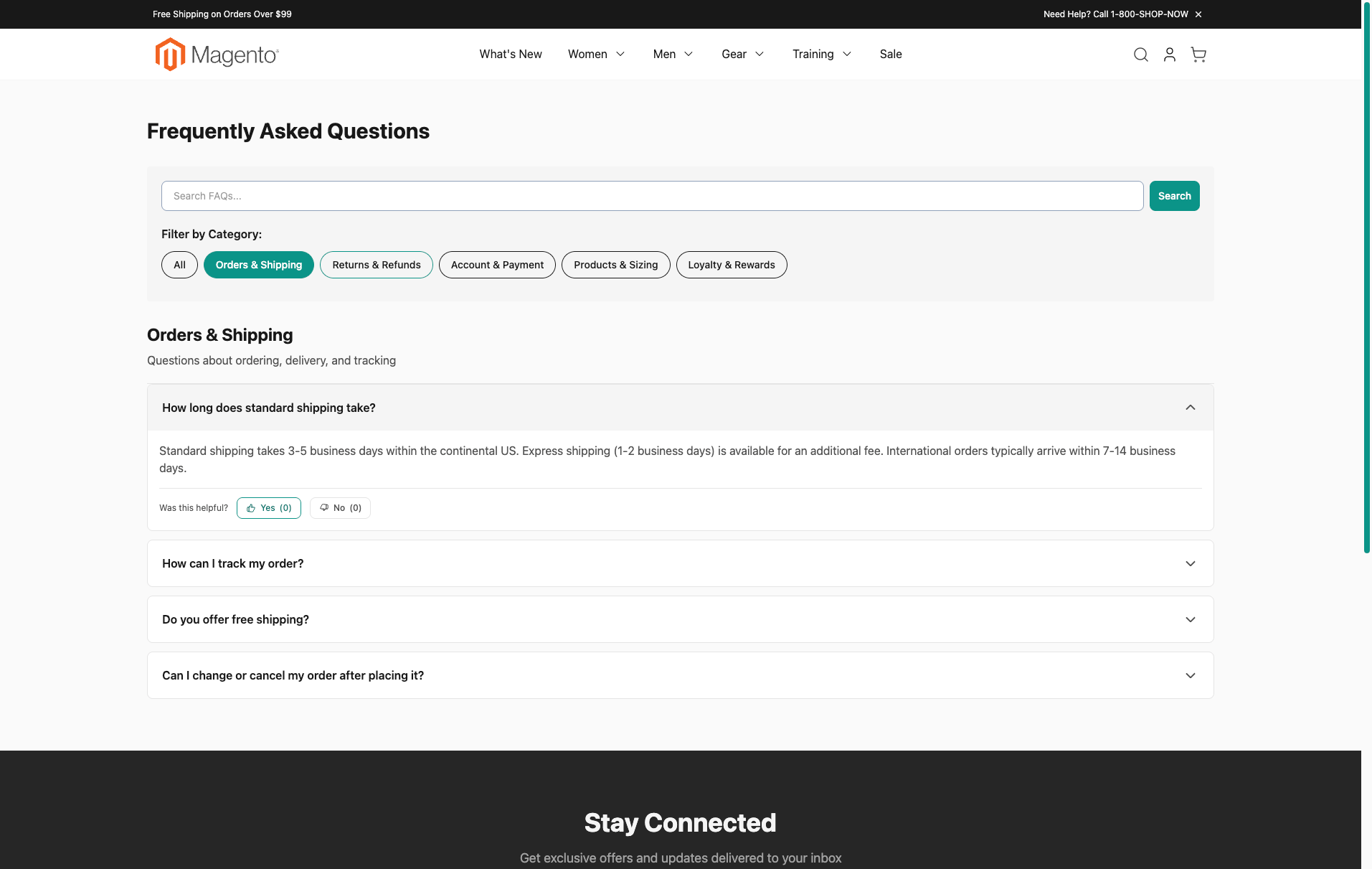 Storefront filtered to Orders and Shipping category