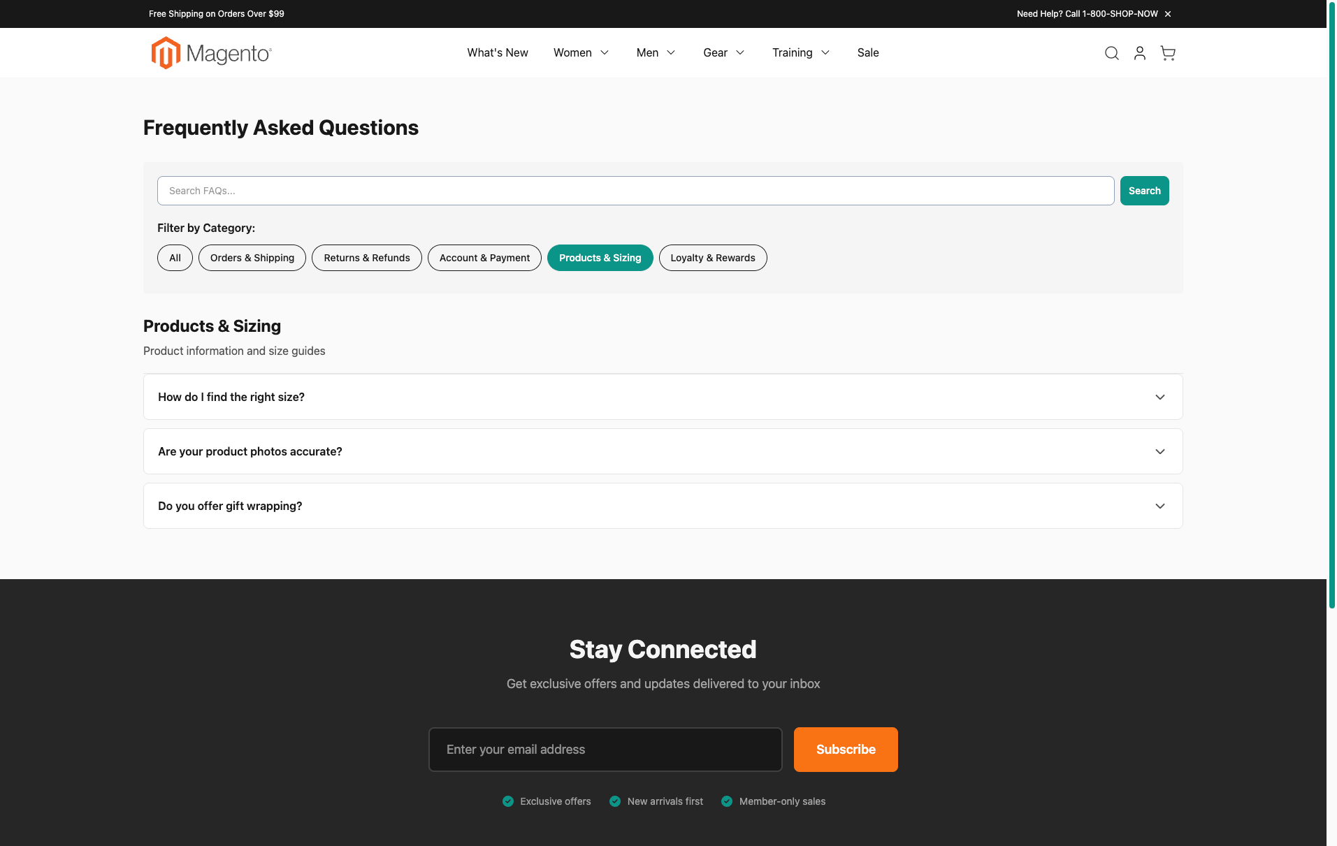Storefront filtered to Products and Sizing category