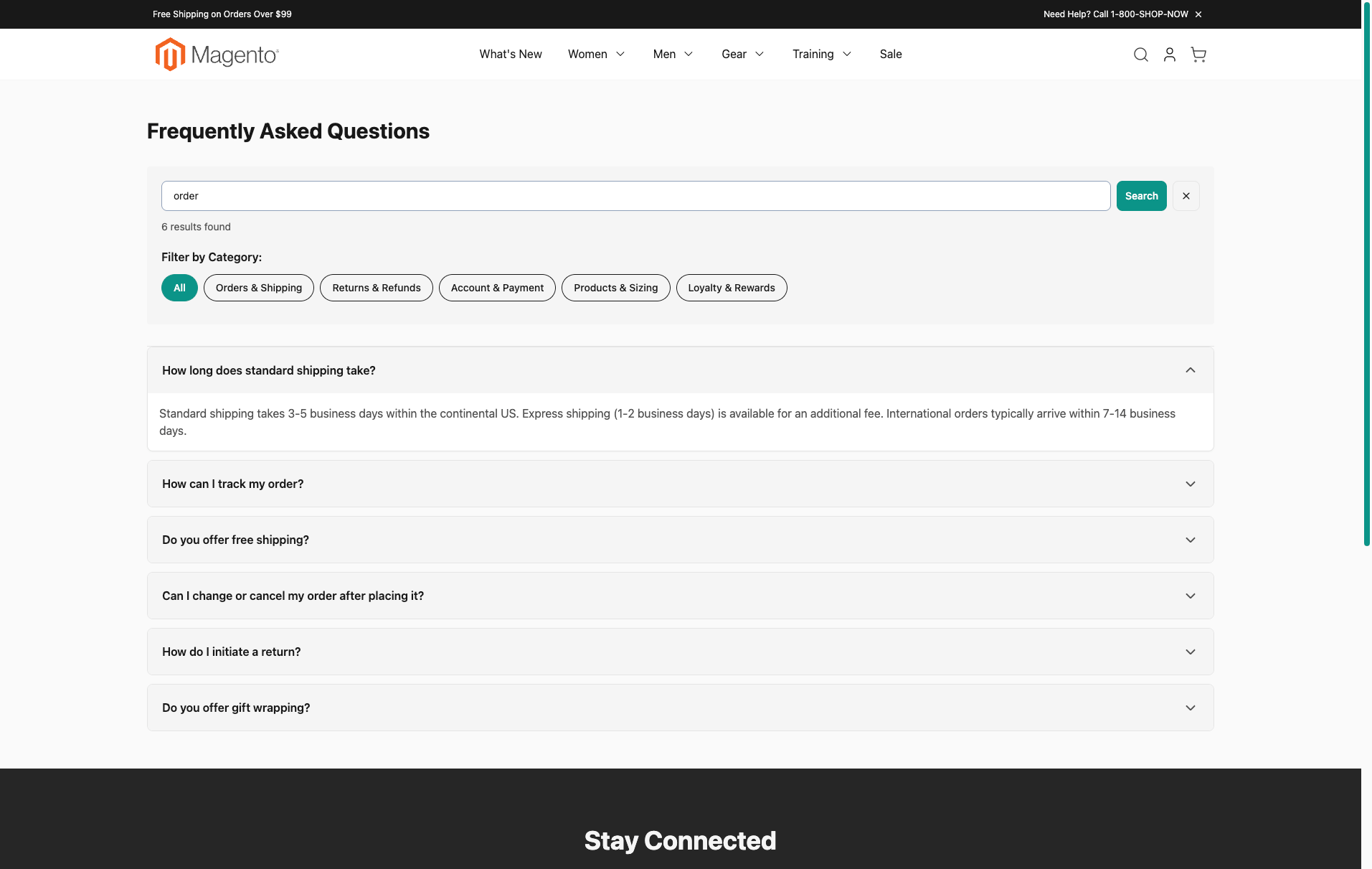 AJAX search for order returning six matching FAQ items