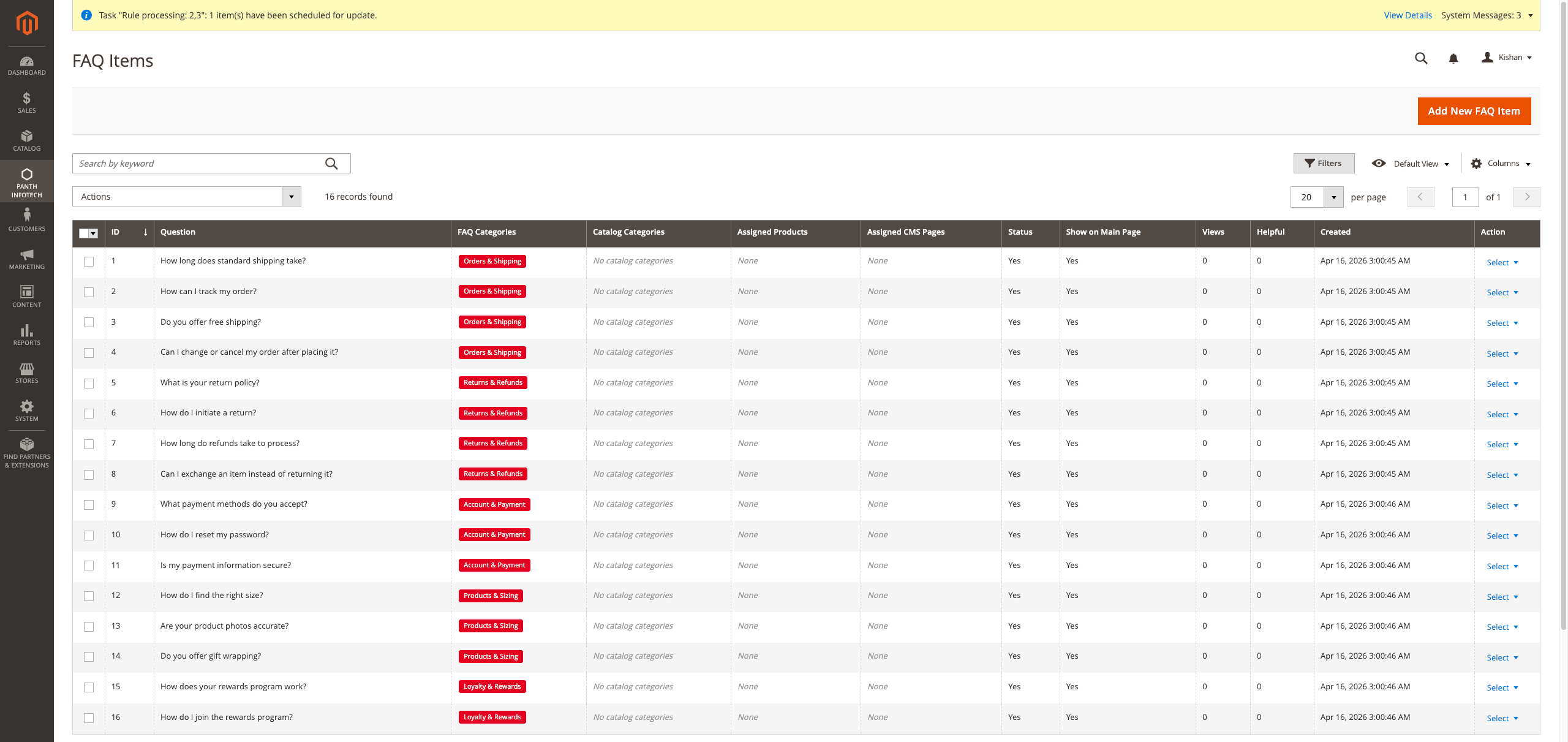 Admin grid listing all FAQ items with category, status, views and helpful columns