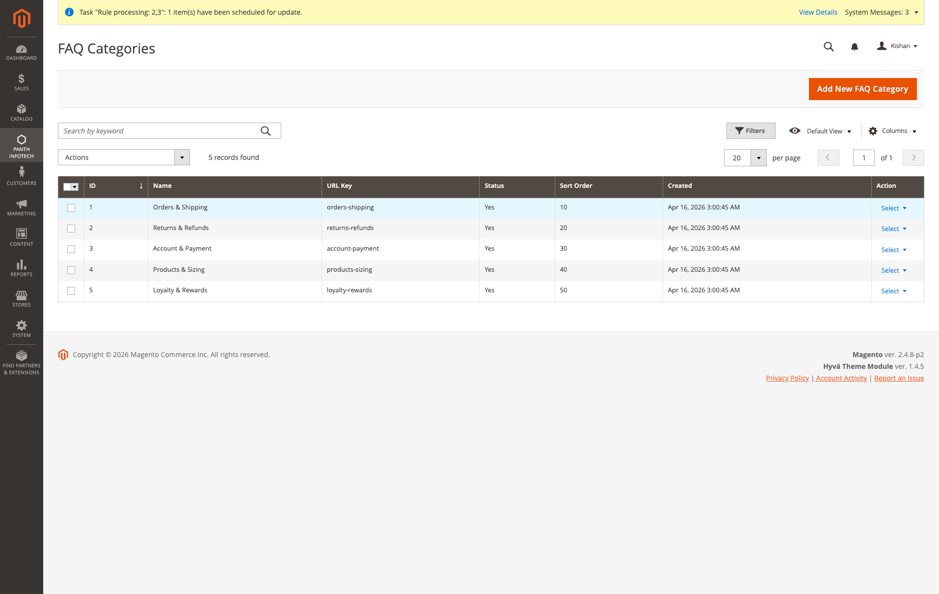 Admin grid of FAQ categories