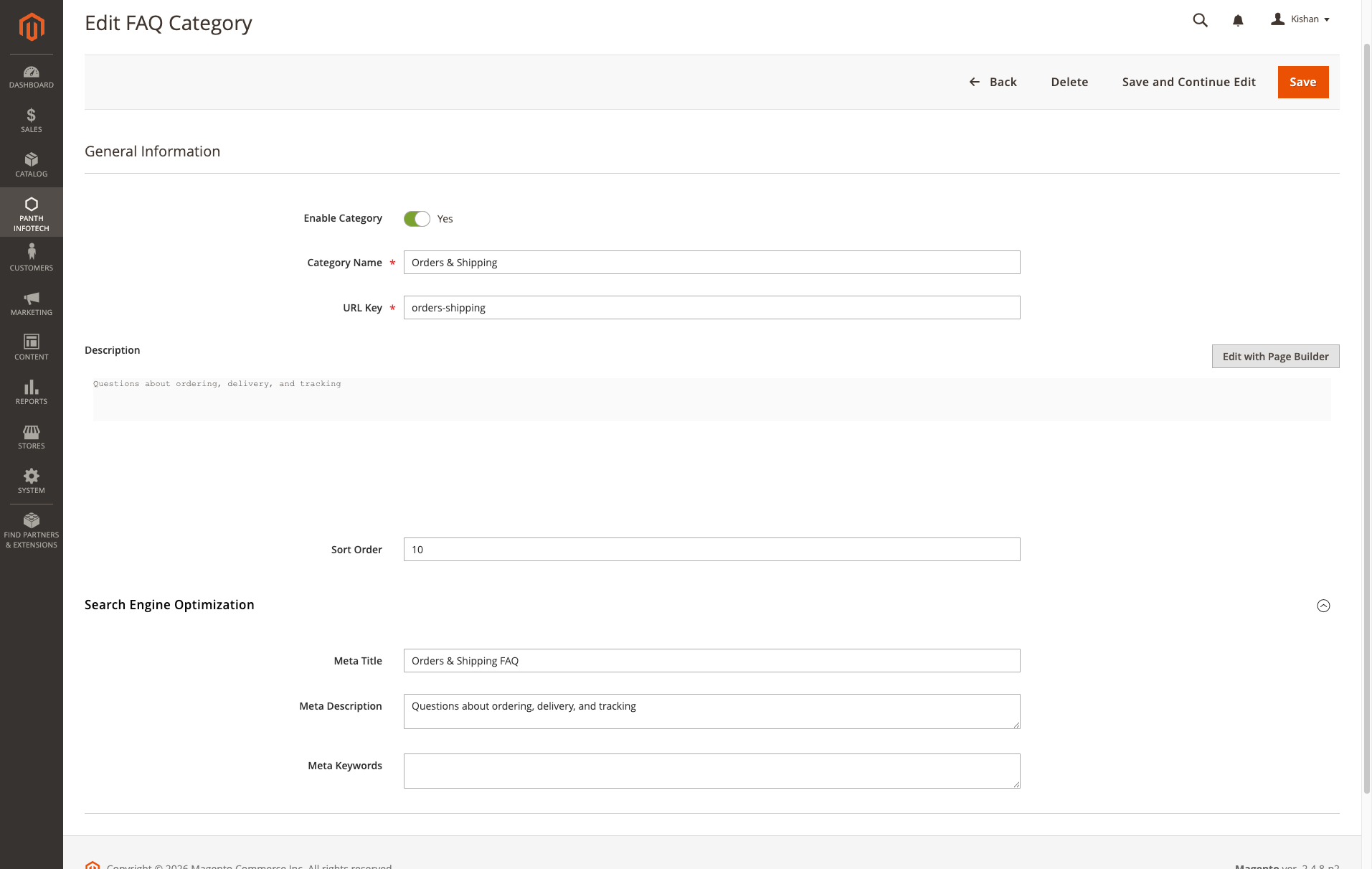Admin edit FAQ category form with description and SEO fields