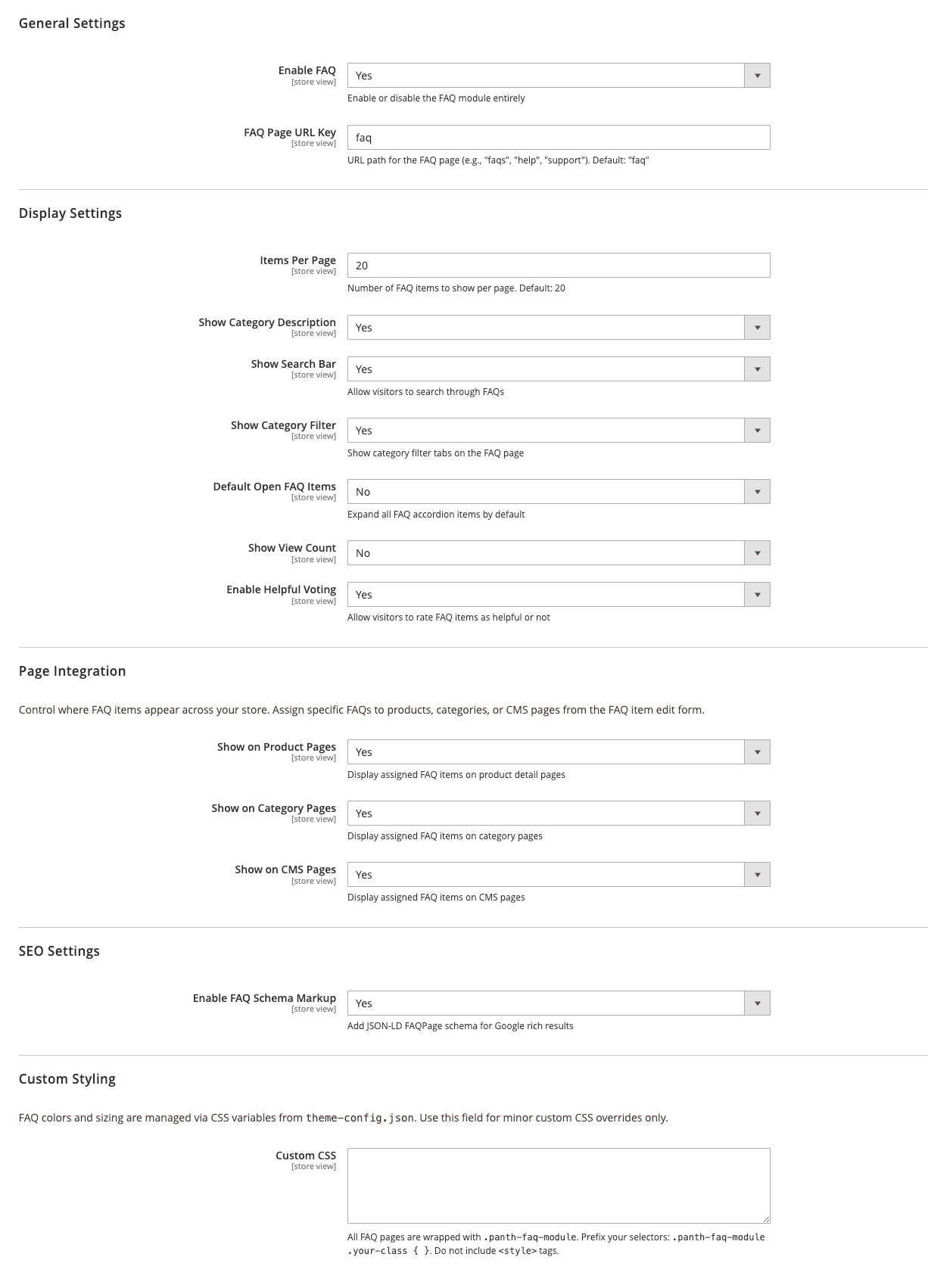 Store Configuration panel with all FAQ module settings