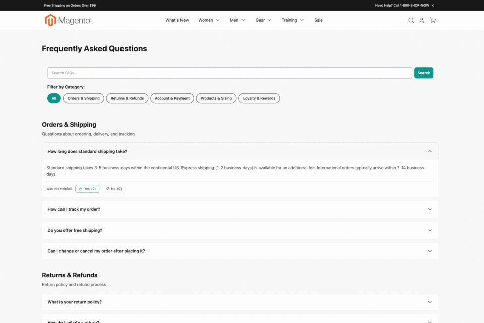 Panth FAQ — Magento 2 FAQ module live demo: storefront accordion, category filter, AJAX search, admin management, and configuration