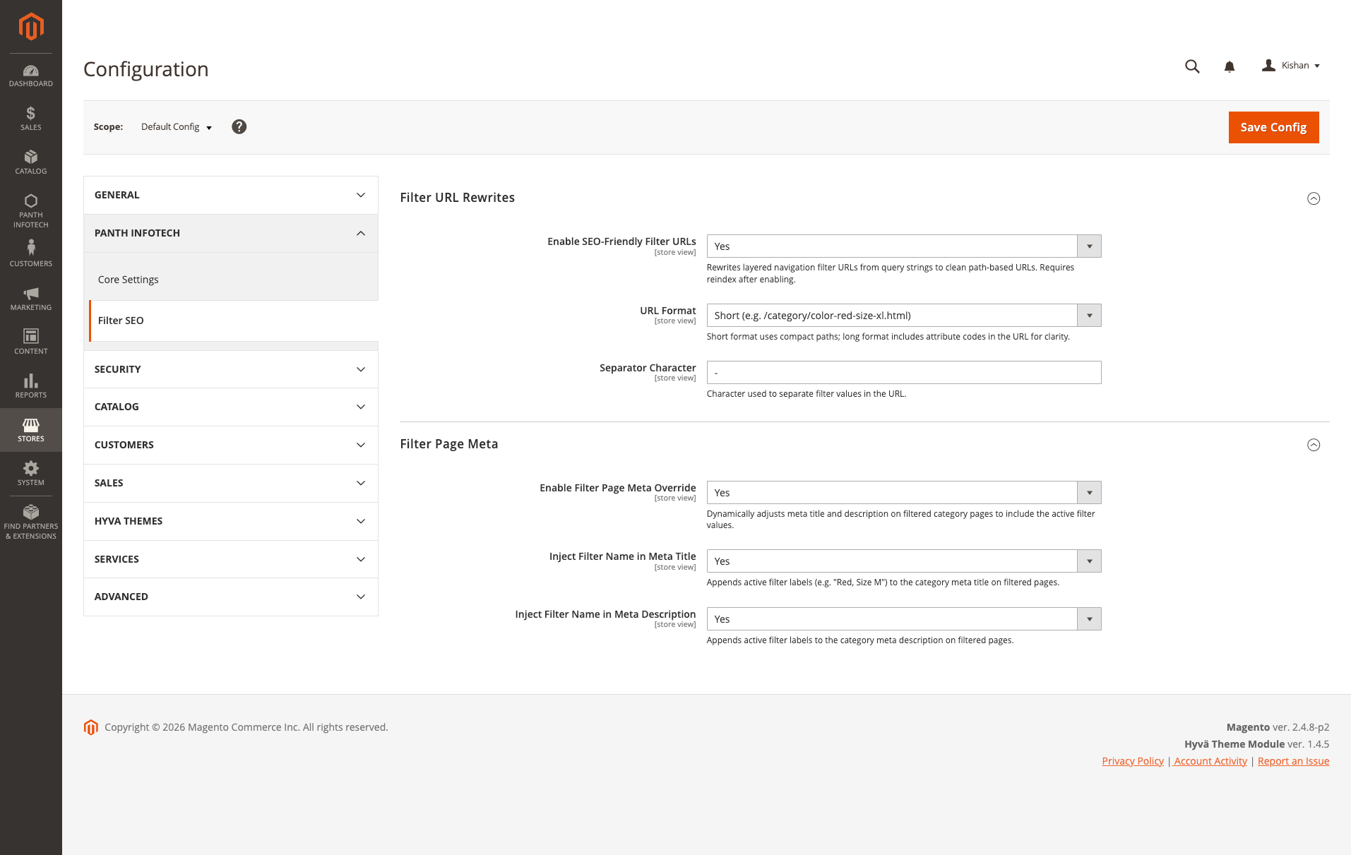 Admin Configuration — Stores → Configuration → Panth Infotech → Filter SEO
